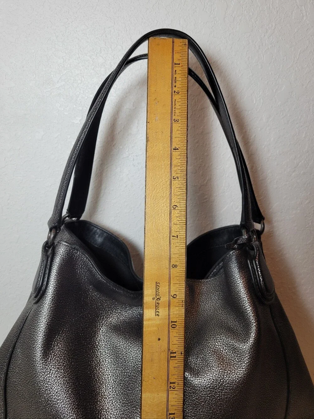 Coach Gunmetal Pebbled Shoulder Bag Silver Hardware Zip Magnetic Logo Charm